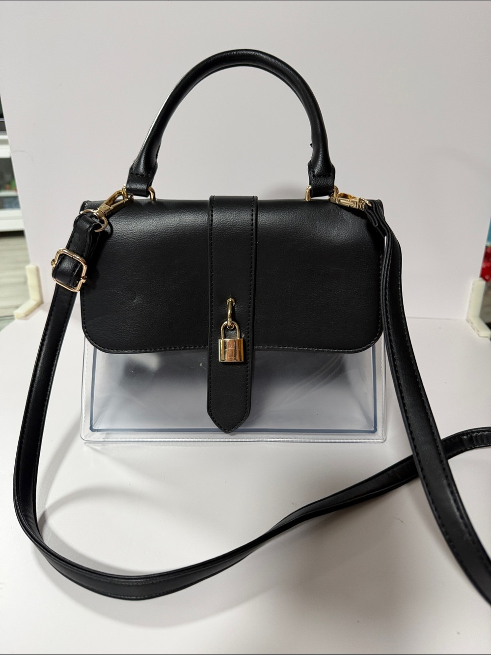 Black Clear Panel Satchel Handbag with Gold Lock